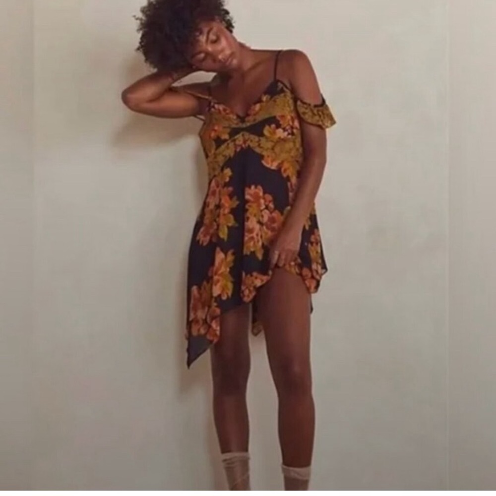 Free People Black and Orange Floral Backless Dress
